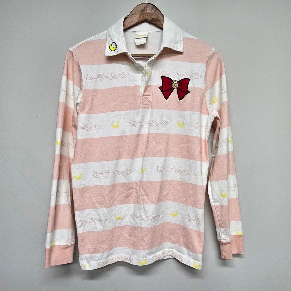 Sailor Moon BoxLunch Rugby Shirt Womens Small Pink Striped Bow Anime Kawaii